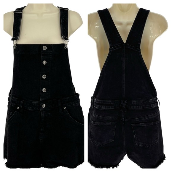 Pants - Hot Denim Women's Juniors Shortall Bib Black Denim Pockets Button Front Size M